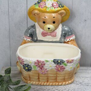 Vintage Ceramic Wall Planter Teddy Bear Flower Covered Hat Basket Baby Shower